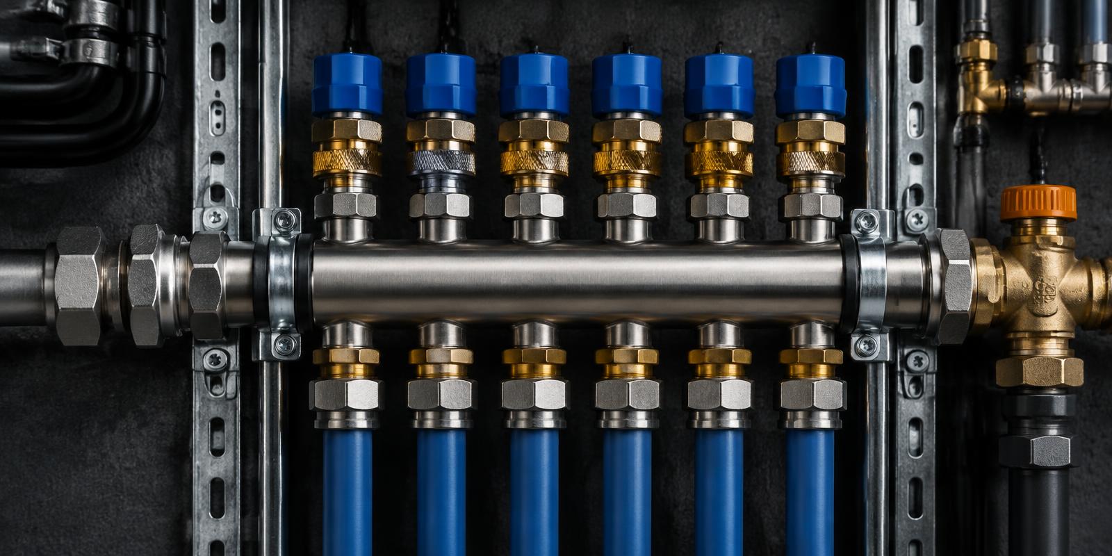 Detail van een netjes gemonteerde verwarmingsverdeler