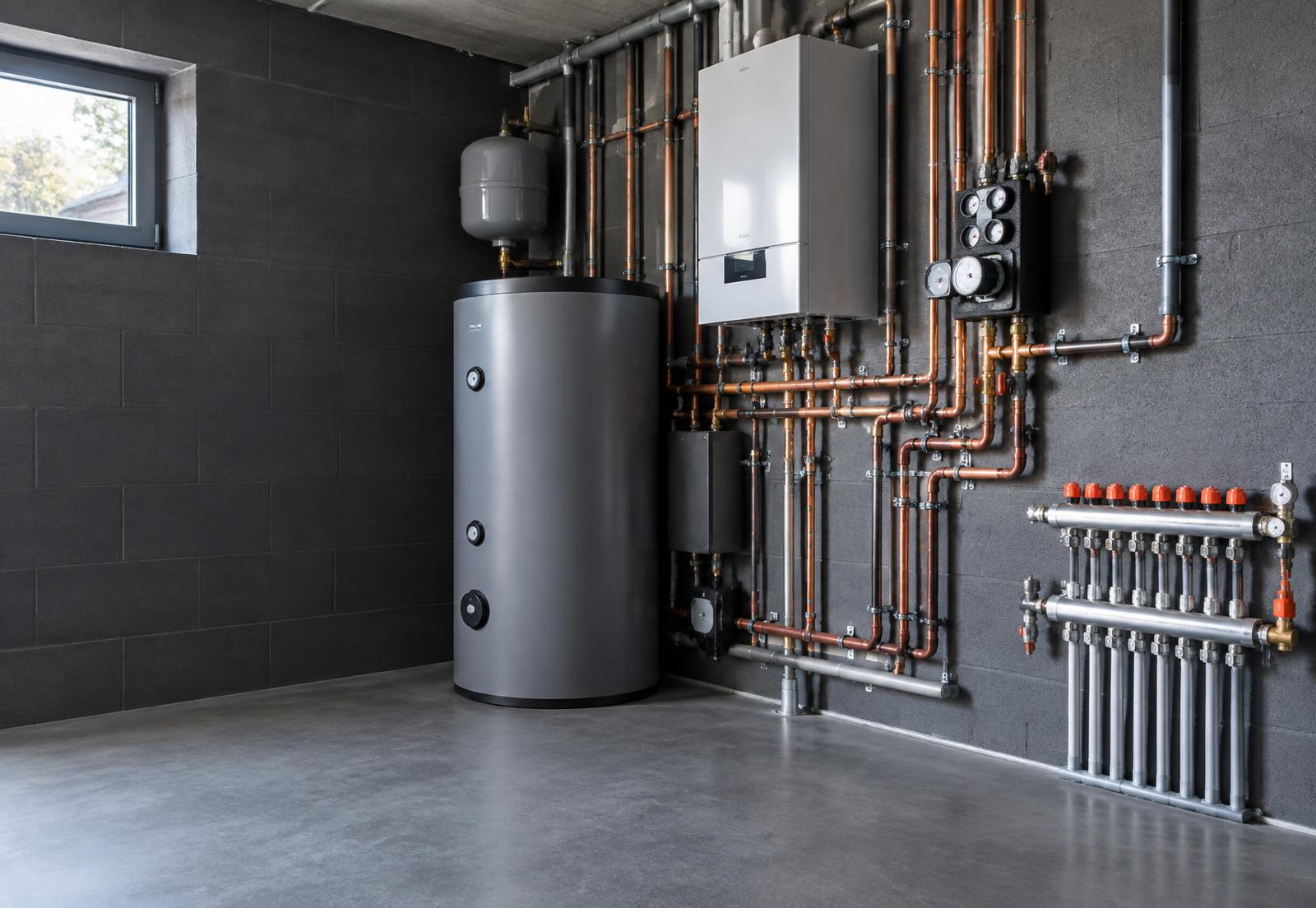 Professionele centrale verwarmingsinstallatie met leidingen en verdeler